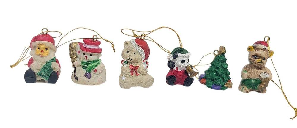 Vintage Miniature Resin Lot Of 6 Christmas Ornaments Santa Snowman Panda Tree 1"